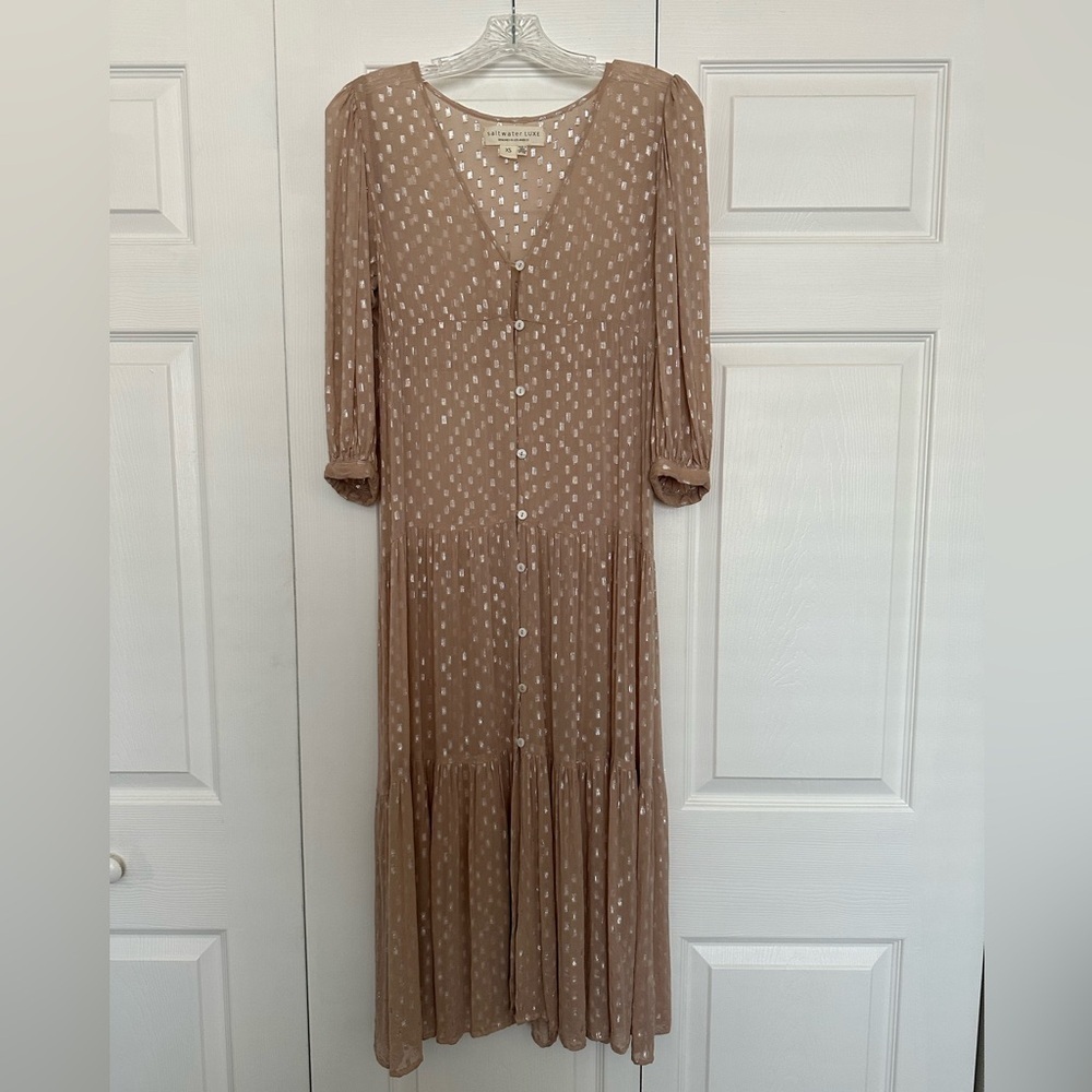 Saltwater Luxe Sheer Beige Boho Peasant Maxi Dress W/ Silver Accents - Size XS